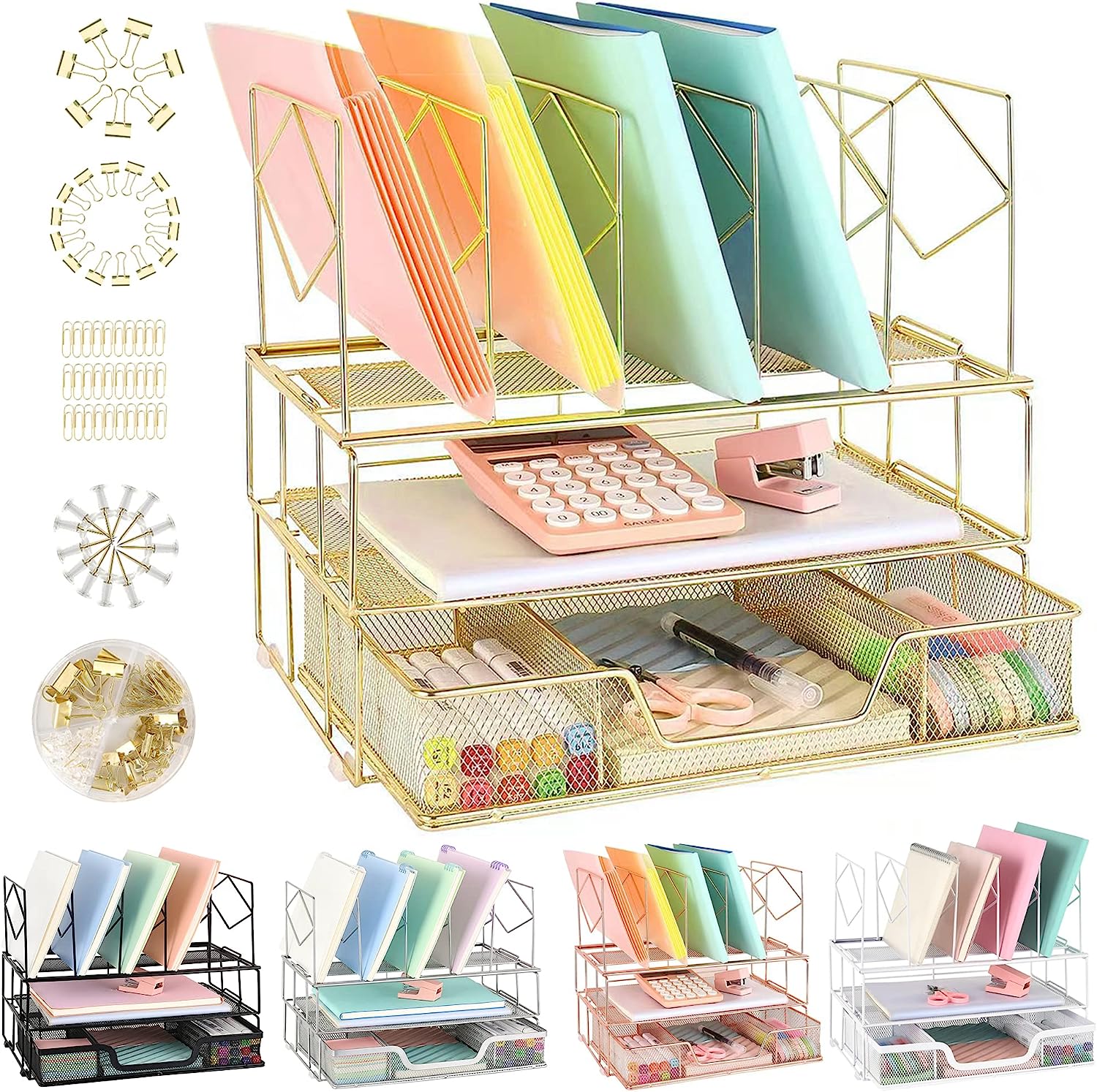 230816030118178_1 Youbetia Desk Organizers and Accessories - Double Tray and 5 Upright Sections, Office Supplies Desk Organizer with Drawer, File Office Organization with Binder Clips, Gold - Image 1